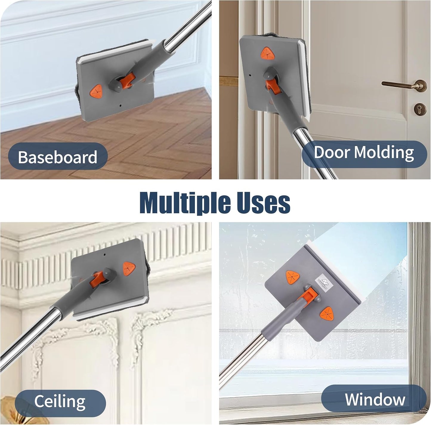 NexaGlow Baseboard Cleaner Tool with Handle | 3-in-1 Adjustable Cleaning Mop with Microfiber Pads & Gloves | 180° Wall Mop Cleaner with 66" Long Handle for Walls, Windows, Floors & Baseboards