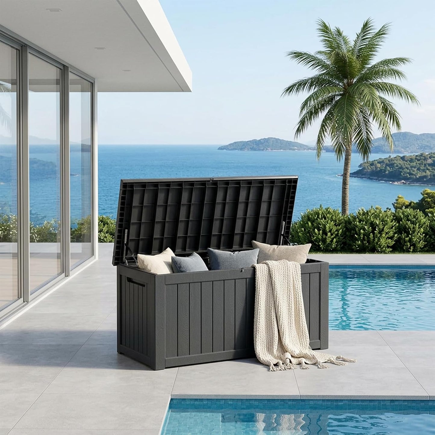 320 Gallon Outdoor Storage Box, Extra Large Waterproof Resin Deck Box with Lockable Lid Storage Bin for Patio Furniture Cushion, Garden Tools, Pool Accessories, UV-Resistant Outside, Black