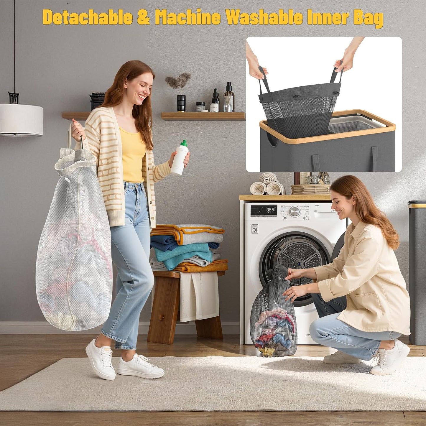 175L Laundry Hamper with Lid 3 Section, Extra Large Laundry Basket with 3 Removable Bags, 46 GAL Laundry Basket Organizer for Bedroom, Laundry Room, Dorm, Grey