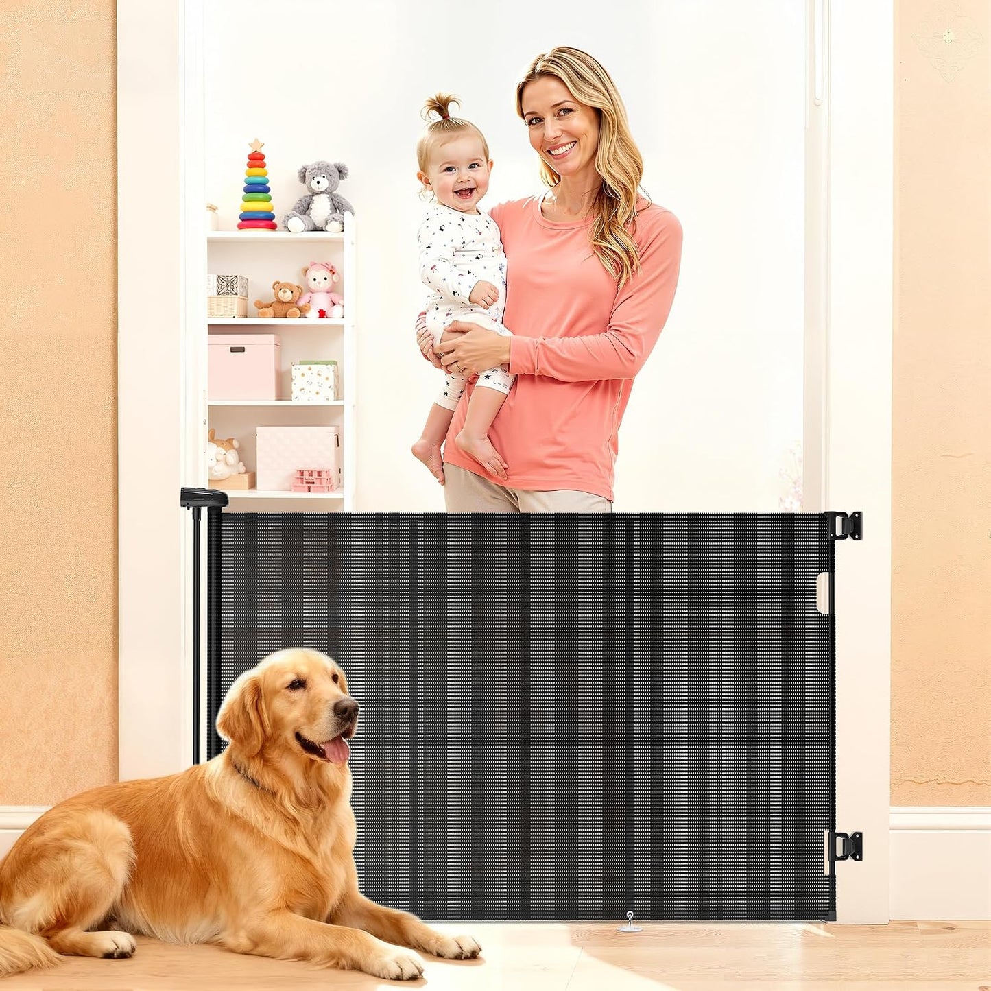 Retractable Baby Gate for Stairs, 42" Tall X 200" Wide Mesh Dog Gate Indoor, Child Gate for Doorways, Hallways, Deck, Indoor Outdoor Pet Baby Safety Essentials for Home, Black