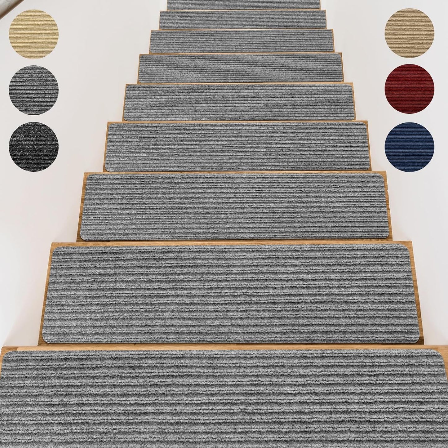 15 Pack 8 "X 30" Non-Slip Carpet Stair Treads for Indoor Wooden Steps, Made of Polyester and Reusable Adhesive, Suitable for Kids Elders and Pets（Black Lines）