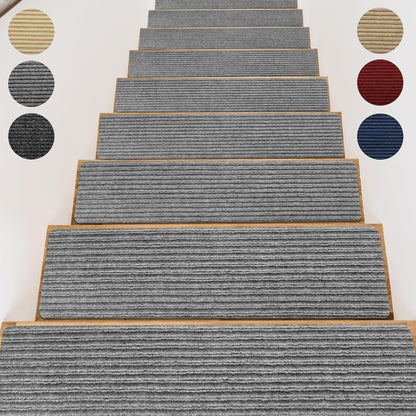 15 Pack 8 "X 30" Non-Slip Carpet Stair Treads for Indoor Wooden Steps, Made of Polyester and Reusable Adhesive, Suitable for Kids Elders and Pets（Black Lines）