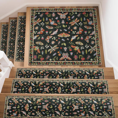 OJIA Insect Print Stair Treads Non Slip Stair Runners for Wooden Steps Indoor, 15PCS 8"x30" Rubber Backing Carpet Treads for Wood Stairs Staircase Step Treads for Kids & Dogs, Stair Covers, Black