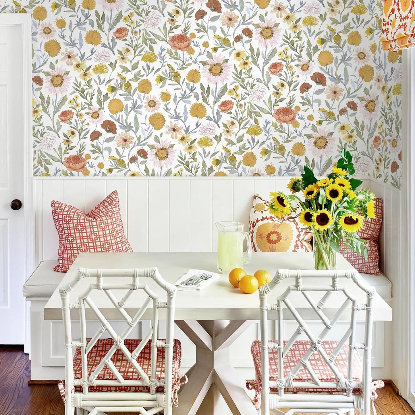 Dimoon 17.3''x78.7'' Peel and Stick Wallpaper Floral Cute Contact Paper Vintage Village Country Cottage Wallpaper Farmhouse Yellow Beige Renter Friendly Geometry Waterproof Embossed Kitchen Bedroom