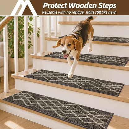 COSY HOMEER Soft Stair Treads Non-Slip Carpet Mat 28inX9in Indoor Stair Runners for Wooden Steps,Stair Rugs for Kids and Dogs, 100% Polyester TPE Backing 7pcs,Black,Rhombus