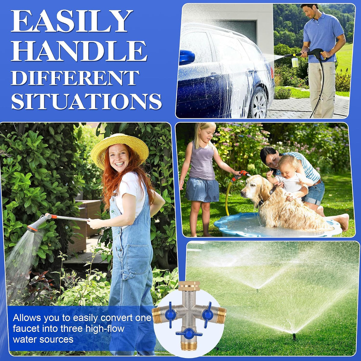EJW Hose Splitter, 2 Way Hose Splitter, Garden Hose Splitters,Faucet Splitters, Outdoor Faucet Splitter, 2 Way Hose Connector,Brass Splitter, 3/4” GHT Threads.