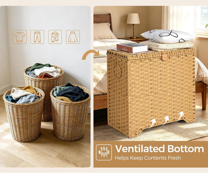 130L Laundry Hamper with Lid, 3 Section Laundry Hamper with 3 Removable Liner Bags, Large Wicker Laundry Basket with 4 Mesh Laundry Bags, Clothes Hamper for Laundry Room, Bedroom, Bathroom