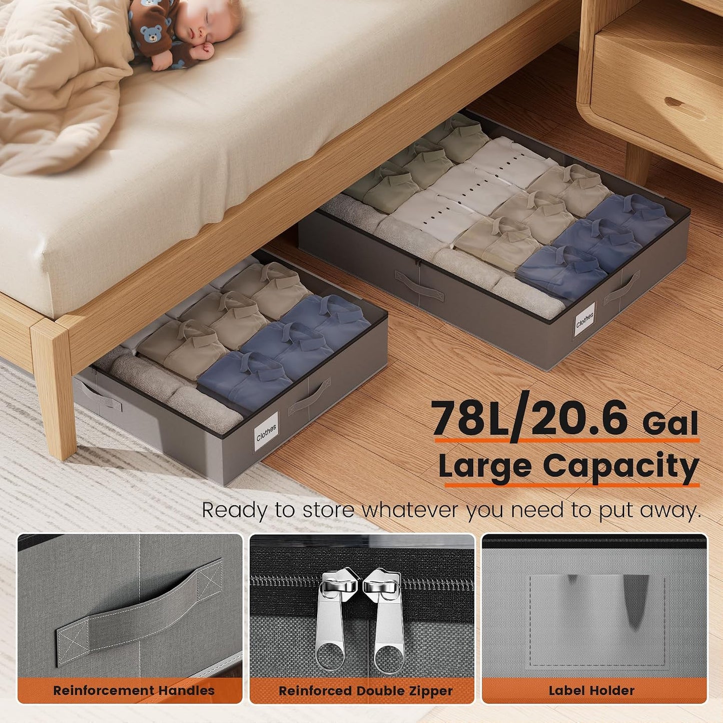 XXXL 78L Under Bed Storage with Wheels, Rolling Storage Containers with Clear Lid & Label, Heavy-Duty Metal Frame, Easy Pull-out, Underbed Storage Bins for Clothes, Shoes, Blankets, and Toys(2PACK)