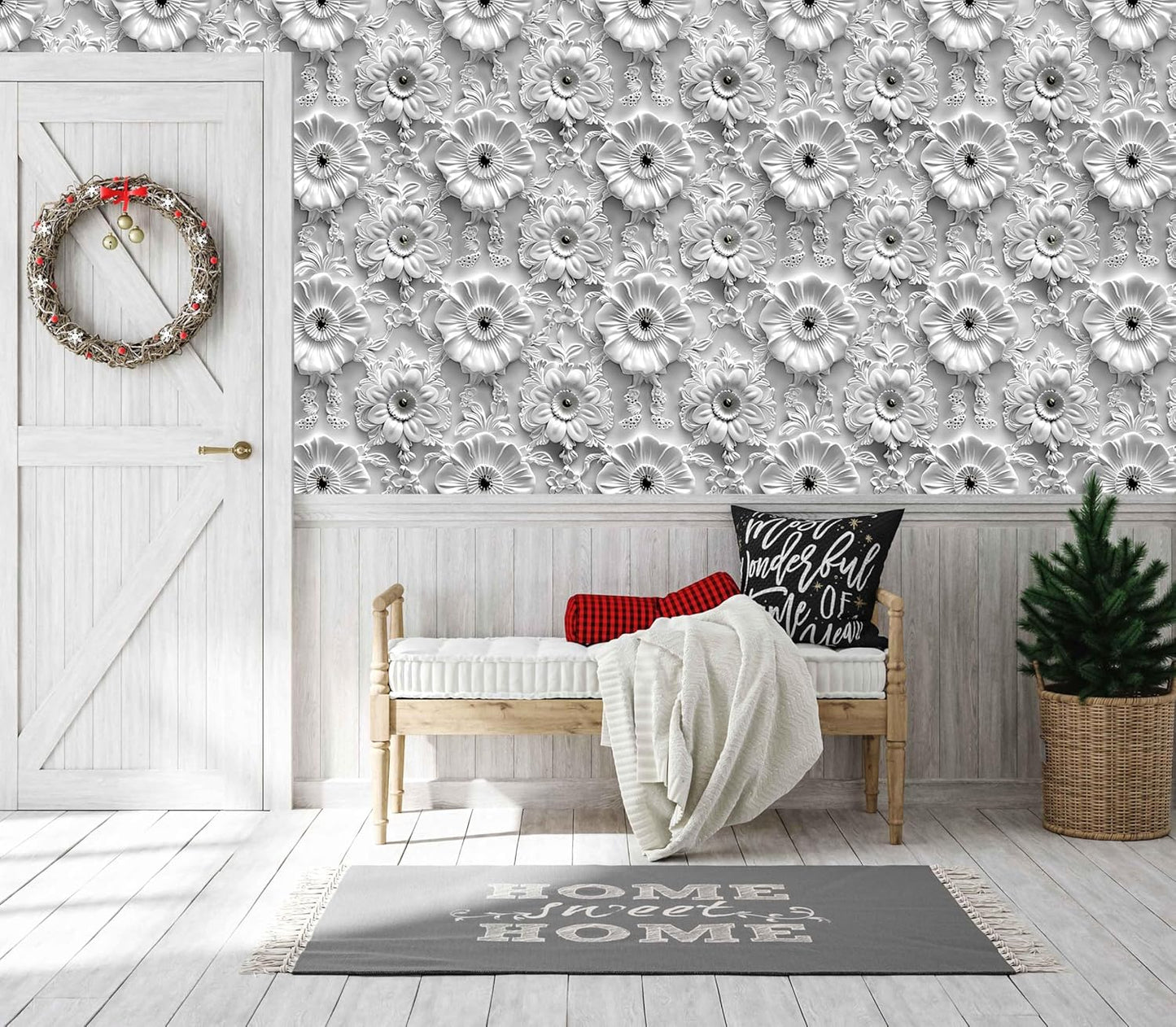 Grey White Floral Peel and Stick Wallpaper Modern Removable Self Adhesive Vinyl Contact Wall Paper with Printed 3D Visual Effect Flowers for Bedroom Bathroom Living Room 17.7" X 70.8"