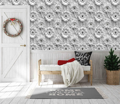 Grey White Floral Peel and Stick Wallpaper Modern Removable Self Adhesive Vinyl Contact Wall Paper with Printed 3D Visual Effect Flowers for Bedroom Bathroom Living Room 17.7" X 70.8"