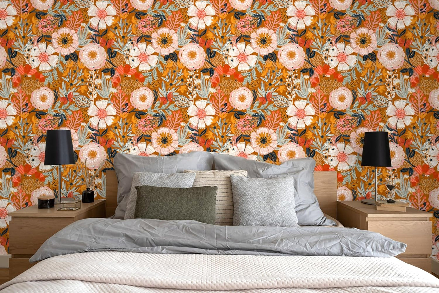 HAOKHOME Boho Peel and Stick Wallpaper Floral Wall Paper Removable for Bedroom Navy/Pink/Orange Contact Paper 17.7in x 9.8ft