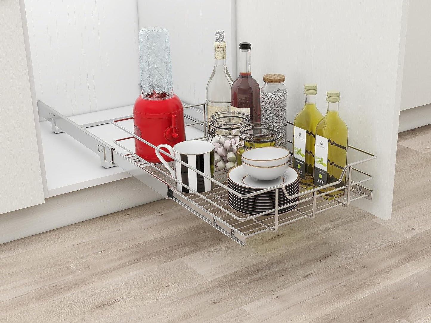 2 Tier Pull Out Cabinet Organizer 11" W X 22" D, Slide Out Drawers For Kitchen Cabinets, Pull Out Drawers For Cabinets Capacity Heavy Duty Caddy, Cabinet Pullout Shelves Chrome-Plated, Bathroom Pantry
