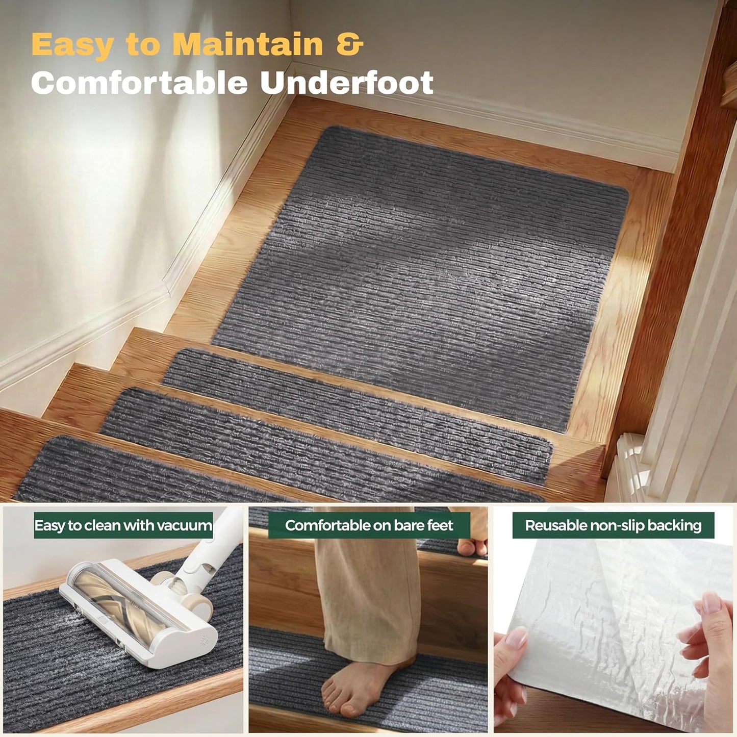 MBIGM 8" X 30" (15 in Pack) Nonslip Carpet Stair Treads Non-Skid Safety Rug Slip Resistant Indoor Runner for Kids Elders & Pets with Reusable Adhesive - Brown - Non Slip Stair Treads Indoor