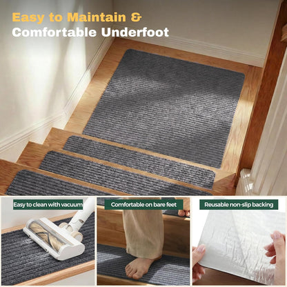 MBIGM 8" X 30" (15 in Pack) Nonslip Carpet Stair Treads Non-Skid Safety Rug Slip Resistant Indoor Runner for Kids Elders & Pets with Reusable Adhesive - Brown - Non Slip Stair Treads Indoor