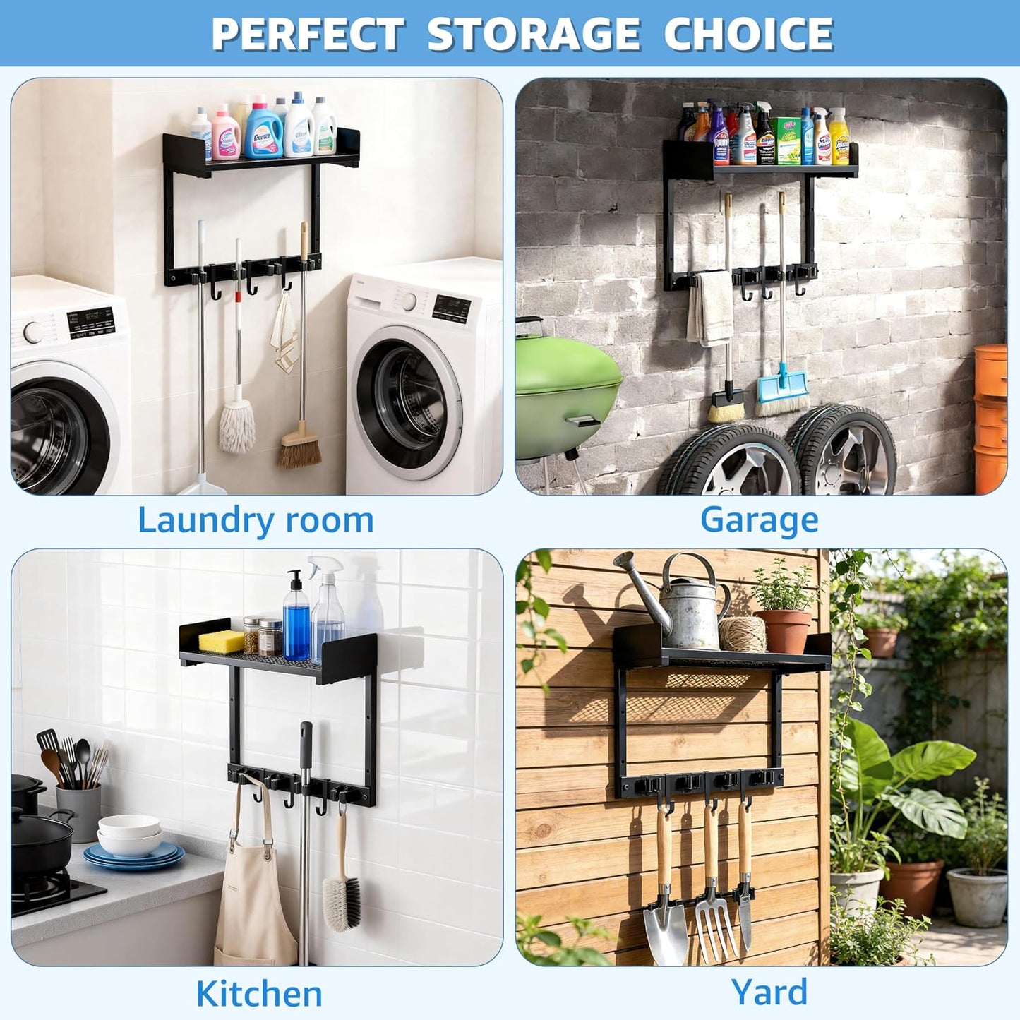 HUFAND Broom Holder Wall Mount, 27" Large Mop and Broom Organizer Wall Hanging with Top Storage Shelf & Vacuum Hook, Heavy Duty Iron Utility Rack for Laundry Room, Garage, Kitchen, Garden - Black