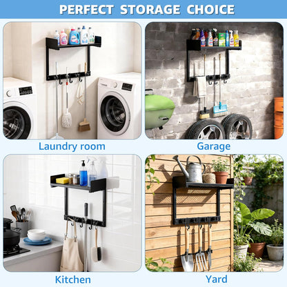 HUFAND Broom Holder Wall Mount, 27" Large Mop and Broom Organizer Wall Hanging with Top Storage Shelf & Vacuum Hook, Heavy Duty Iron Utility Rack for Laundry Room, Garage, Kitchen, Garden - Black
