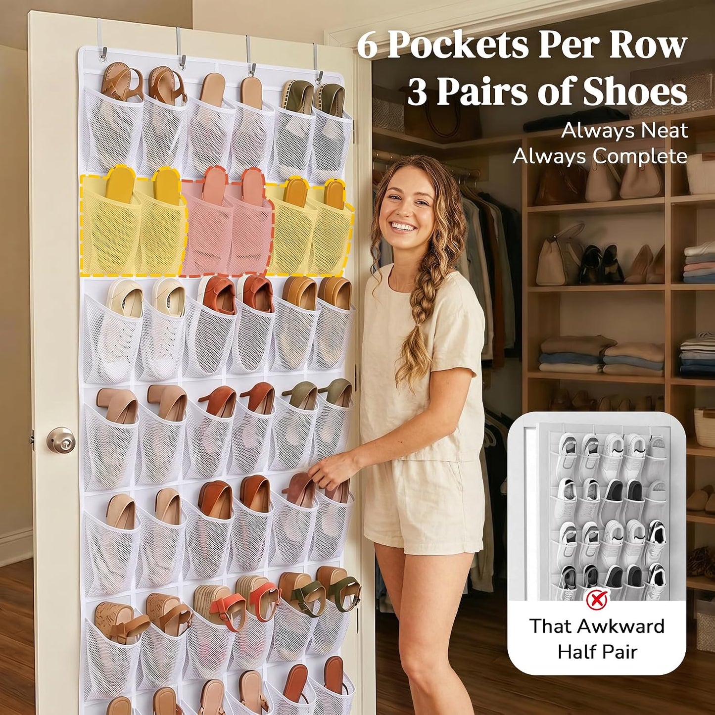 48 Pockets Over the Door Shoe Organizer, Large Mesh Hanging Shoe Rack, 6-Column Heavy Duty Shoe Storage for Sneakers and Heels, Behind Door Holder for Entryway Bedroom Dorm College, Black