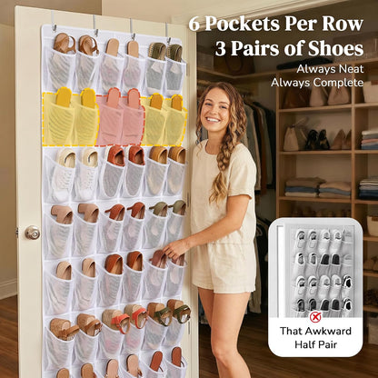 48 Pockets Over the Door Shoe Organizer, Large Mesh Hanging Shoe Rack, 6-Column Heavy Duty Shoe Storage for Sneakers and Heels, Behind Door Holder for Entryway Bedroom Dorm College, Black