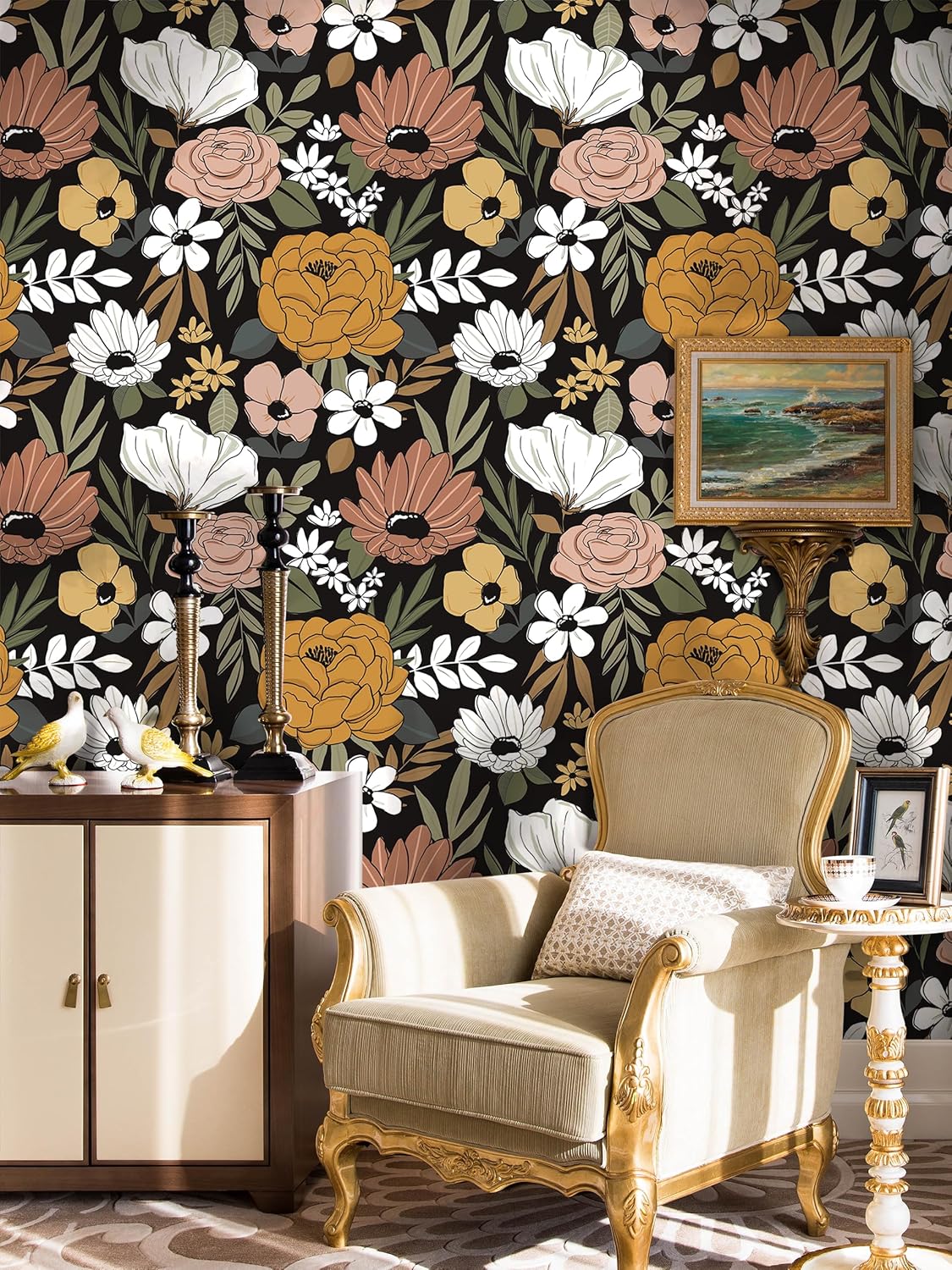 Floralplus Floral Wallpaper Peel and Stick Removable Wallpaper Boho Renter Friendly Dark Flower Wallpapers Contact Paper for Walls Cabinet Bedroom Bathroom Decor 17.5 in x 118 in