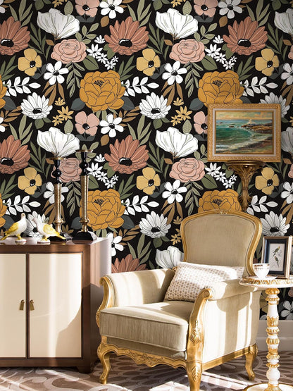 Floralplus Floral Wallpaper Peel and Stick Removable Wallpaper Boho Renter Friendly Dark Flower Wallpapers Contact Paper for Walls Cabinet Bedroom Bathroom Decor 17.5 in x 118 in