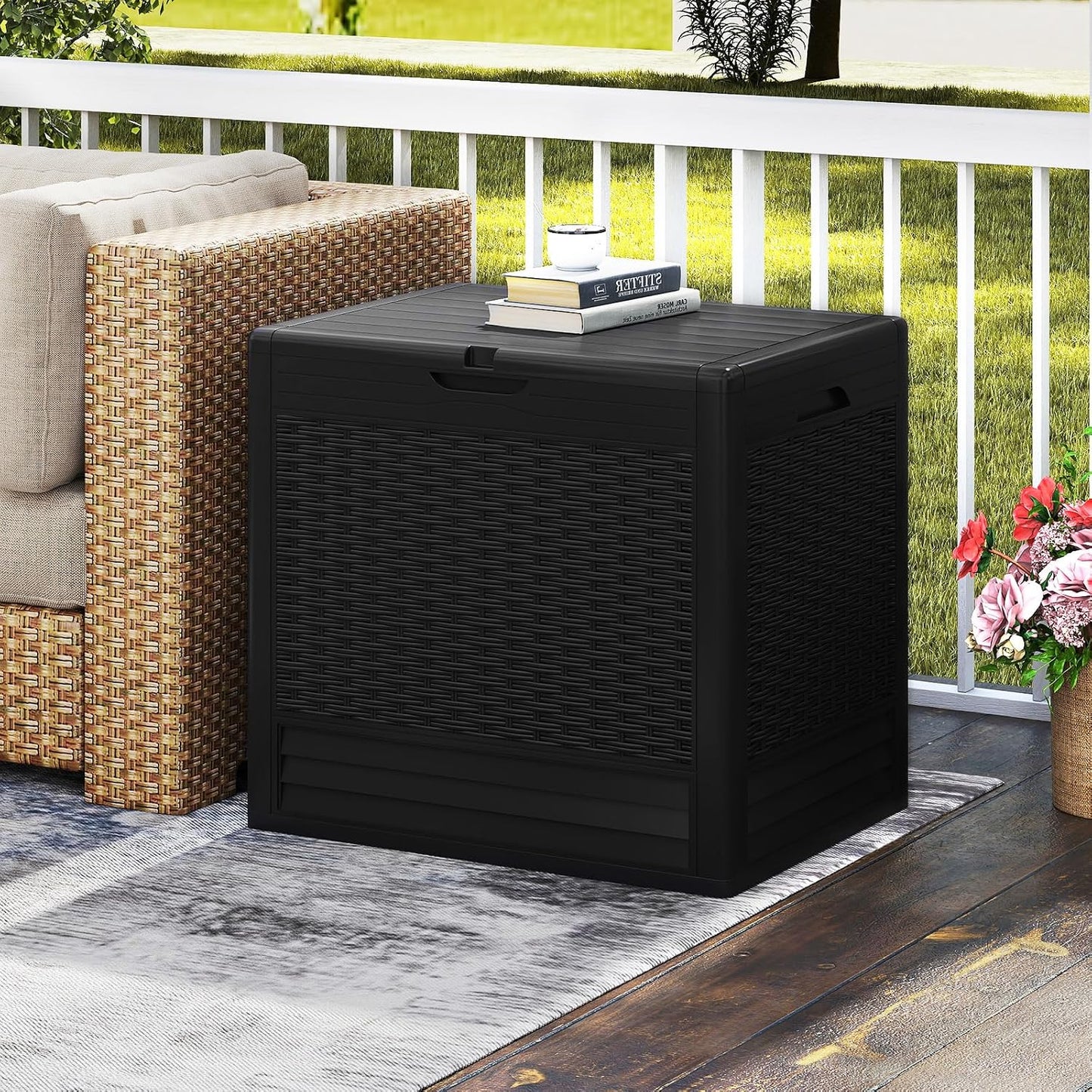 Tangkula 25 Gallon Waterproof Outdoor Storage Box with Lockable Lid | PP Resin, Wicker Patterned, Indoor Outdoor Use, Portable, Versatility, for Deck, Pool, Patio Cushions, Garden Tools