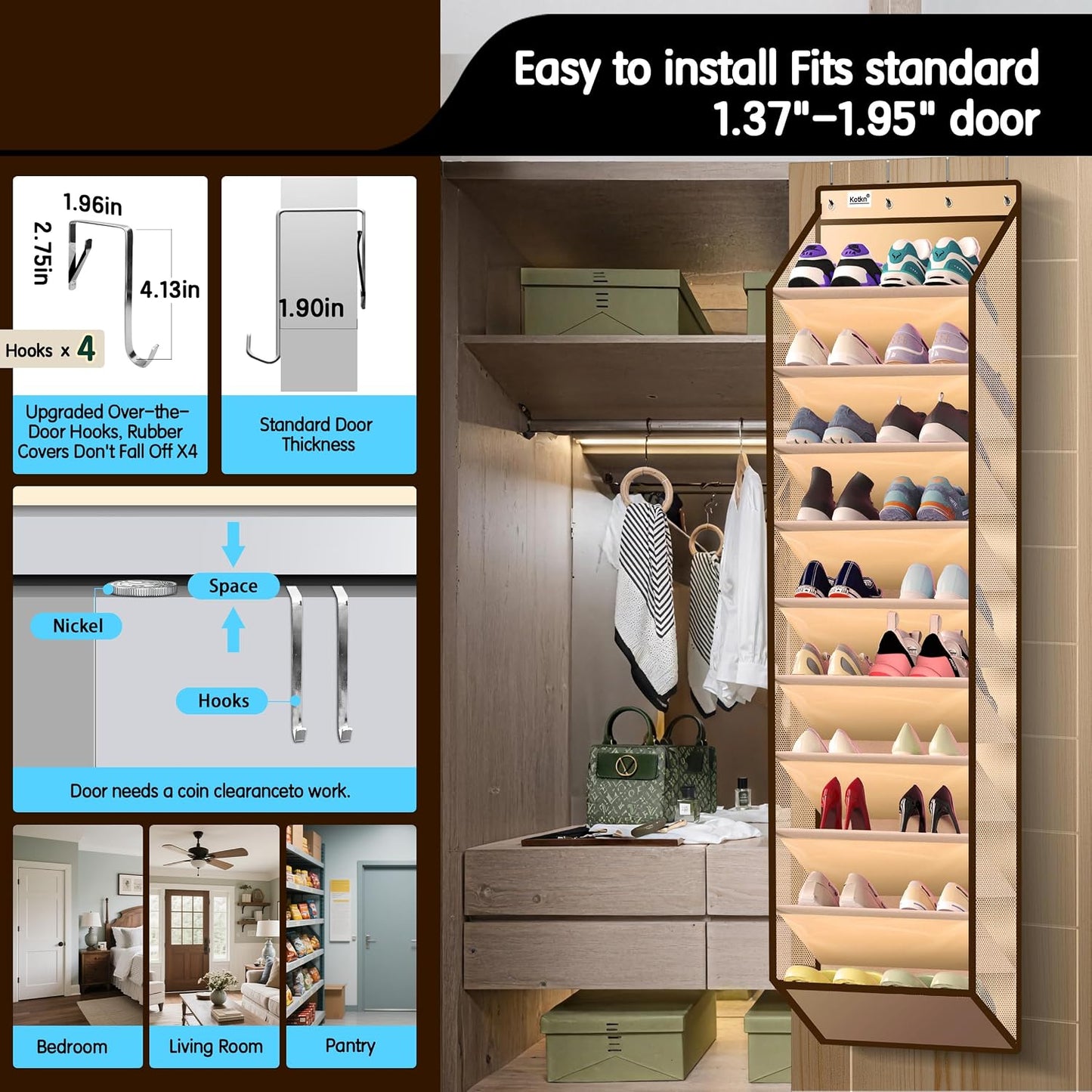 Kotkn 35 Compartment Over The Door Storage - Breathable Mesh Hanging Organizer with Large Pockets, Space Saving Design for Men & Women's Footwear, Closet, Bedroom （White）
