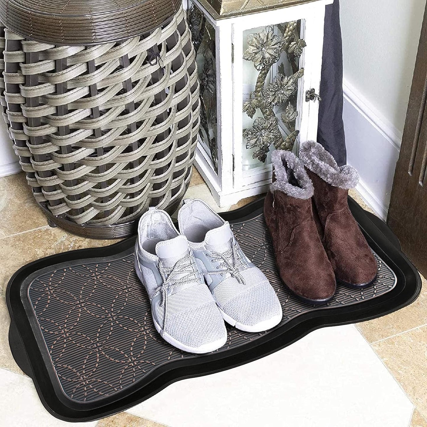 A1HC Heavy Duty Flexible and Durable 100% Rubber Hello Triangle Boot Trays Multi-Purpose for Shoes, Pets, Garden - Mudroom, Entryway, Garage and Scraper Doormat 21.6" X 21.6"