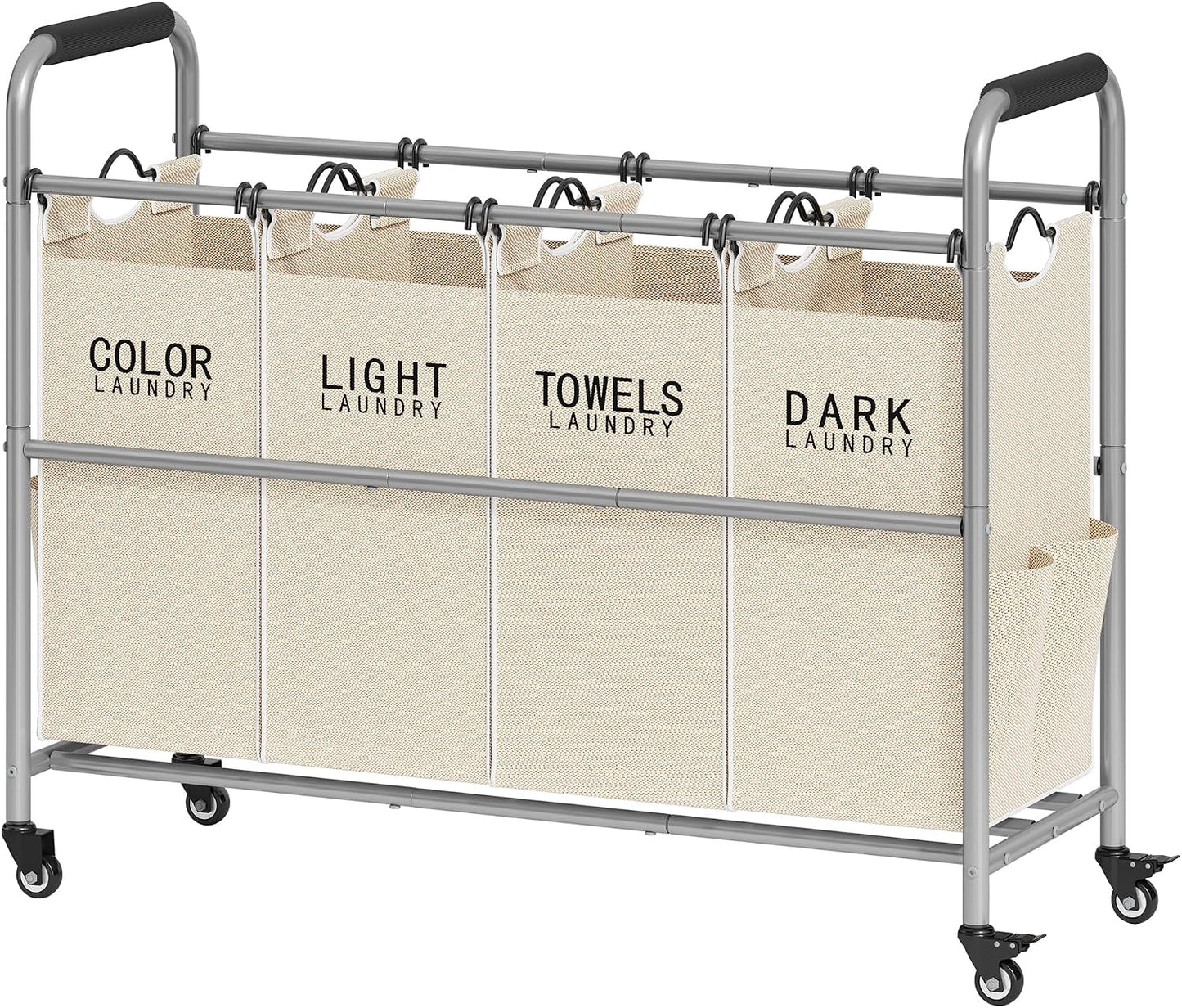 Tajsoon 4 Bag Laundry Sorter Cart, 4 Section Laundry Hamper Sorter with Heavy Duty Lockable Rolling Wheels, Laundry Separator Hamper with Removable Bags for Dirty Clothes Storage, Black