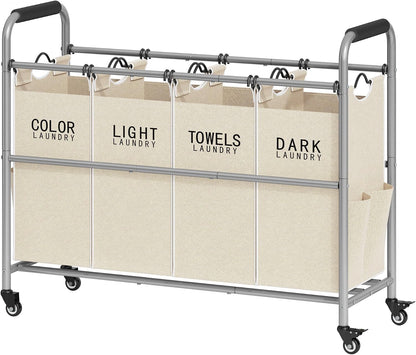 Tajsoon 4 Bag Laundry Sorter Cart, 4 Section Laundry Hamper Sorter with Heavy Duty Lockable Rolling Wheels, Laundry Separator Hamper with Removable Bags for Dirty Clothes Storage, Black