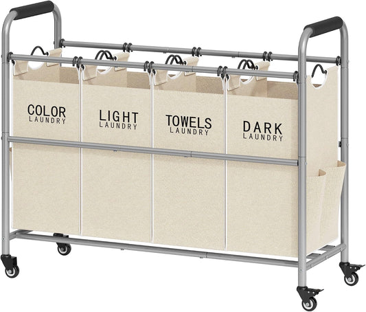 Tajsoon 4 Bag Laundry Sorter Cart, 4 Section Laundry Hamper Sorter with Heavy Duty Lockable Rolling Wheels, Laundry Separator Hamper with Removable Bags for Dirty Clothes Storage, Black