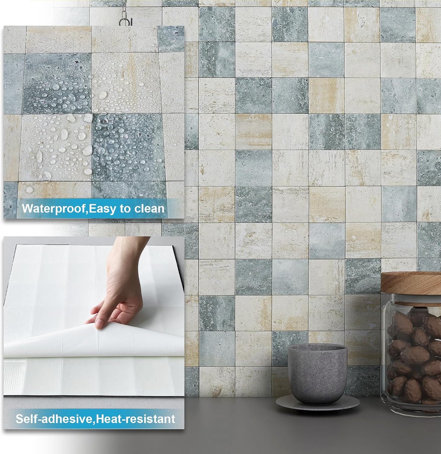 BeNice Kitchen Peel and Stick Tile Backsplash Bathroom Self Adhesive Stone Mosaic Thick Wall Stickers 12"x12"(Blue Rustic,10 Sheets)