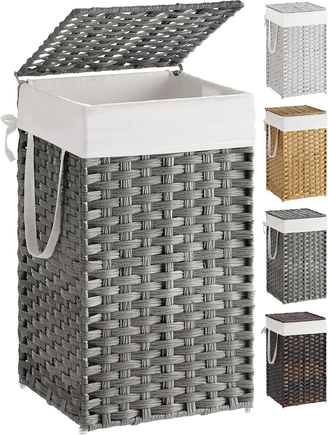 SONGMICS Laundry Hamper with Lid, 23.8 Gallon (90 L) Synthetic Rattan Clothes Laundry Basket with Lid and Handles, Foldable, Removable Liner, Chestnut Brown ULCB051K02