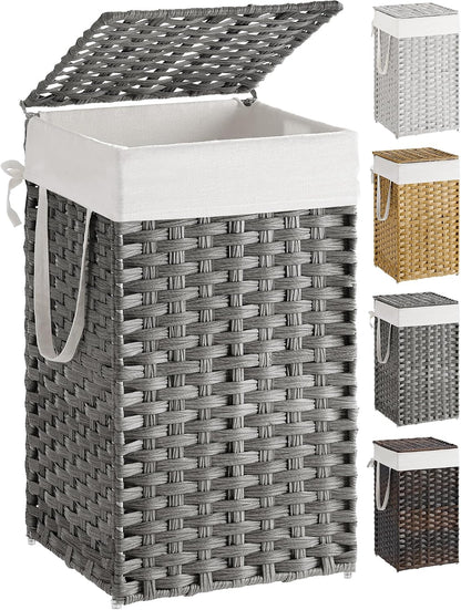 SONGMICS Laundry Hamper with Lid, 23.8 Gallon (90 L) Synthetic Rattan Clothes Laundry Basket with Lid and Handles, Foldable, Removable Liner, Chestnut Brown ULCB051K02