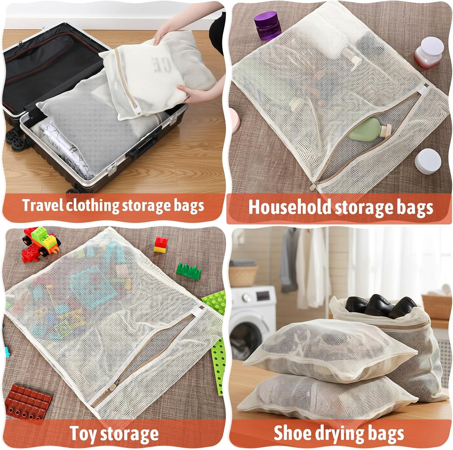 6 Piece Organic Cotton Mesh Laundry Bag Bulk, Durable Mesh Wash Bags with Sturdy Zippers and Breathable Meshes, for Underwear, Clothes, Shoes, Socks, 15.7 * 19.7Inch