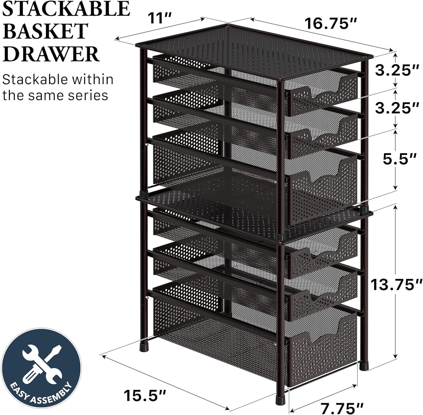 Simple Houseware Stackable 2 Tier Sliding Basket Organizer Drawer, White