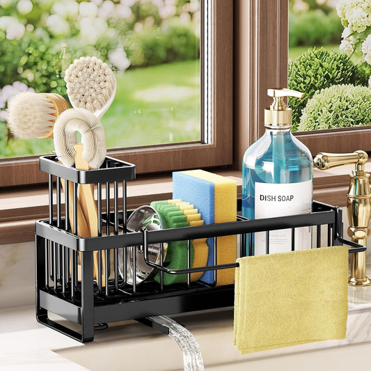 SWTYMIKI Sink Caddy Sponge Holder - Large Sponge Holder for Kitchen Sink with 360°Auto-Drain Tray, Rustproof Stainless Steel Kitchen Organizer Caddy for Countertop Organization