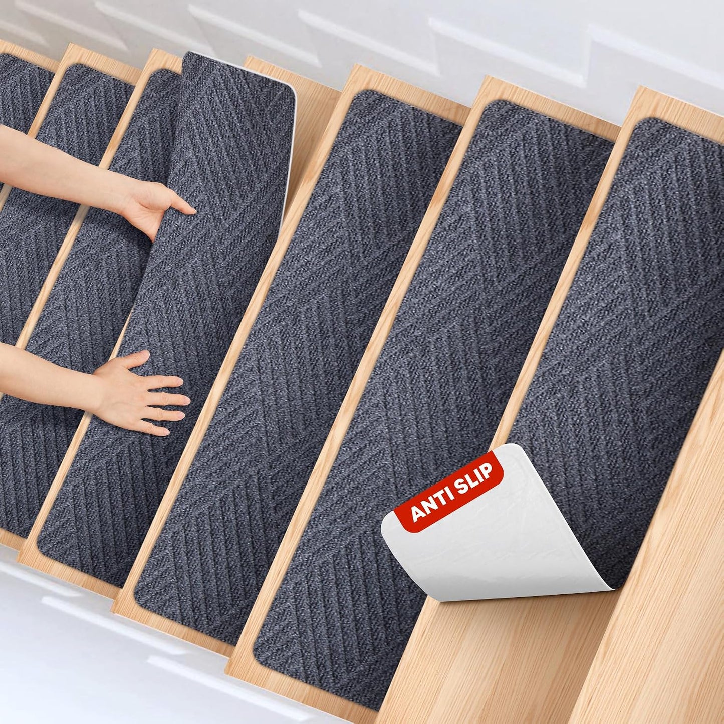 MBIGM 8" X 30" (15 in Pack) Non-Slip Carpet Stair Treads Non-Skid Safety Rug Slip Resistant Indoor Runner for Kids Elders & Pets with Reusable Adhesive - Dark Gray Diamond Weave