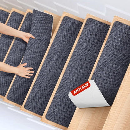 MBIGM 8" X 30" (15 in Pack) Non-Slip Carpet Stair Treads Non-Skid Safety Rug Slip Resistant Indoor Runner for Kids Elders & Pets with Reusable Adhesive - Dark Gray Diamond Weave