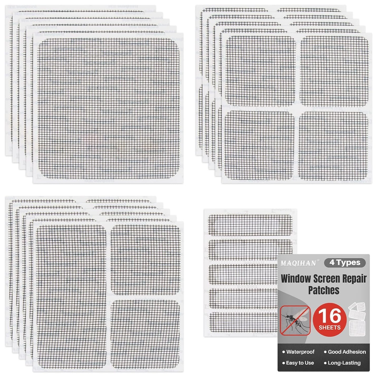 16Sheets Window Screen Repair Kit - Black Self-Adhesive Screen Patch Repair Kit, 4 Sizes Patches Mesh Tape for Mesh Screens Door, Window Drain Holes, Strong Adhesion Easy to Use