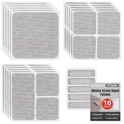16Sheets Window Screen Repair Kit - Black Self-Adhesive Screen Patch Repair Kit, 4 Sizes Patches Mesh Tape for Mesh Screens Door, Window Drain Holes, Strong Adhesion Easy to Use