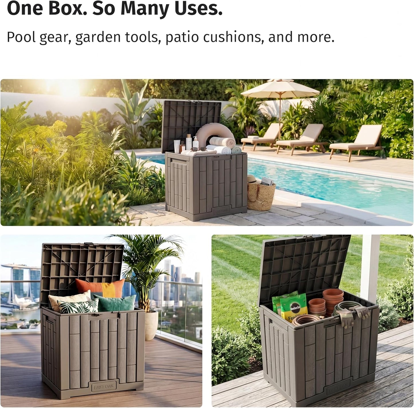 EAST OAK Outdoor Storage Box, 31 Gallon Deck Box Indoor and Outdoor Use, Waterproof Resin Storage Bin for Package Delivery, Patio Cushions, Gardening Tools, Lockable, UV Resistant, Grey