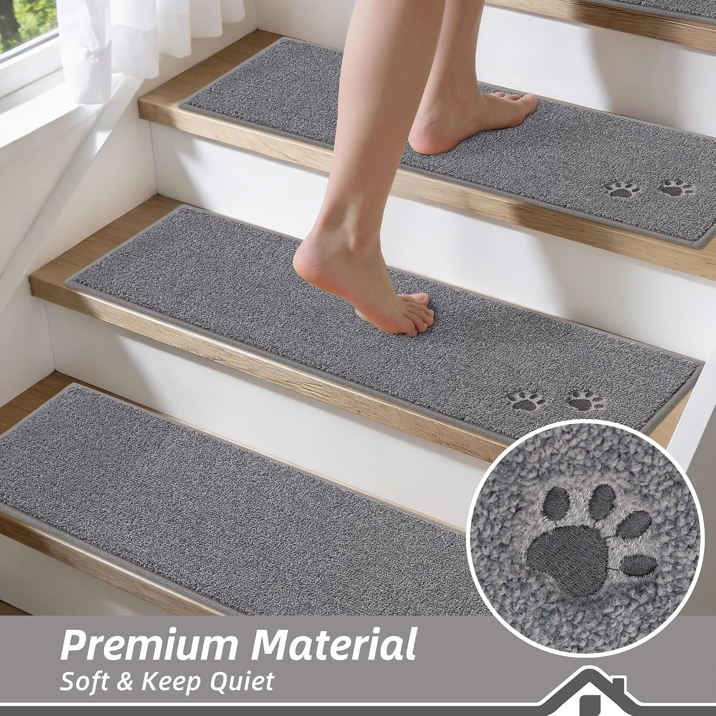 BEQHAUSE Stair Treads for Wooden Steps 28inX9in, Non Slip Carpet Stair Treads Indoor Stair Runners Machine Washable, Soft Stair Rugs Mat Surface Polyester TPE Backing, 4pcs, Charcoal