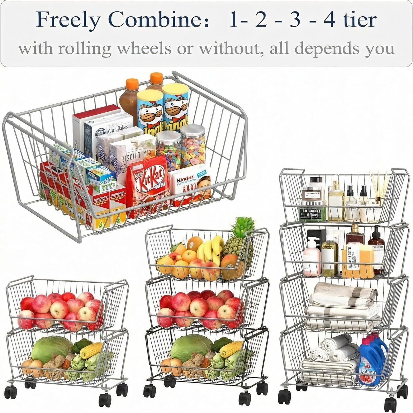 PUSDON 6-Tier Tall Stackable Wire Storage Baskets with Wheels, Vertical Metal Rolling Utility Cart, High Capacity Produce Basket for Kitchen Pantry, Snack Organizer, Matte Black