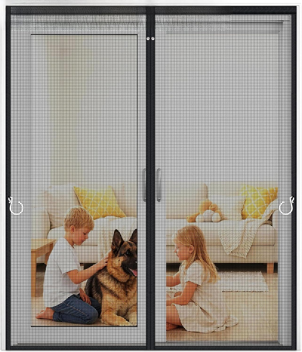 HOFUDON Upgraded Magnetic Screen Door Mesh, Full Strip Magnets, Heavy Duty Fiberglass Mesh, Door Screen Magnetic Closure for Single Door Size 32 x 80 Inch, Screen Door Size 35 x 82 Inch Black