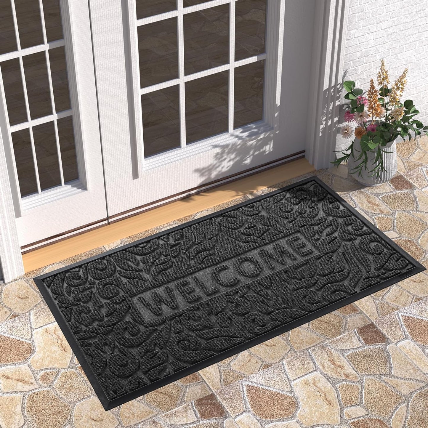 Yimobra Welcome Mat Outdoor 29.5x17, Waterproof Non-Slip Outdoor Mats for Front Door Outside Entrance, Low-Profile Entryway Mat Indoor for Garage Patio, Black