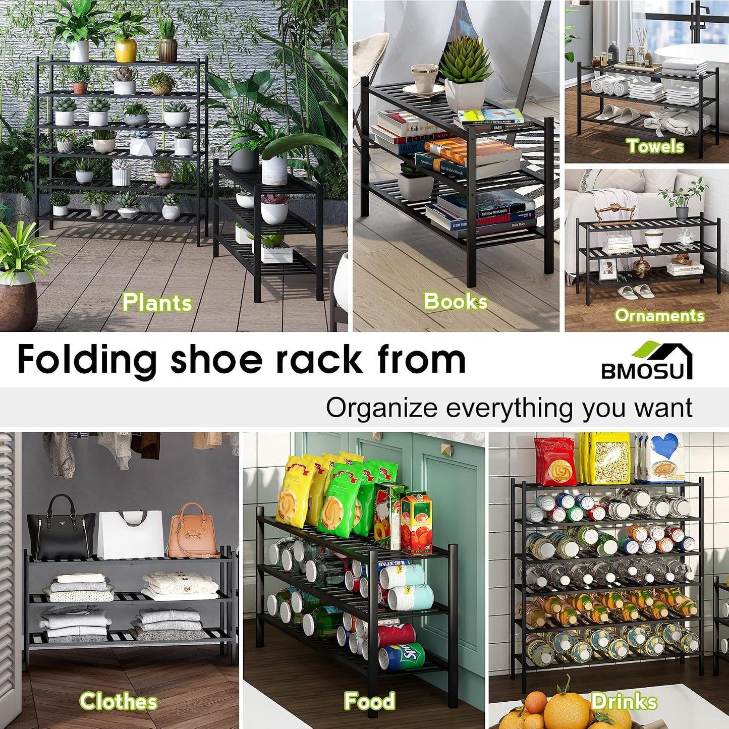 BMOSU 2-Tier Bamboo Small Shoe Rack Premium Stackable Shoe Shelf Storage Organizer for Hallway Closet Living Room Entryway Organizer (Black Bamboo)