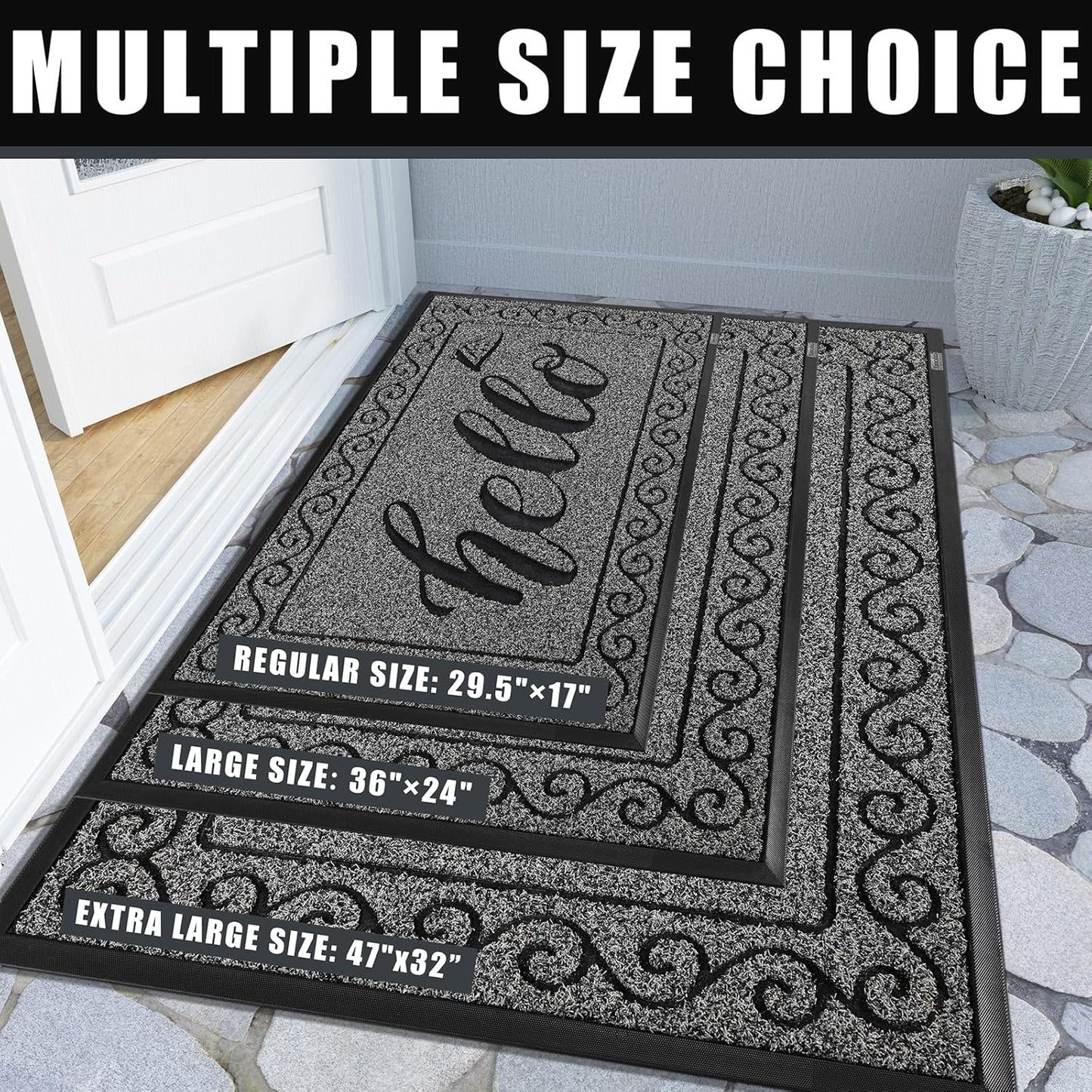 Yimobra Welcome Mat, Heavy Duty Sturdy Door Mats for Home Entrance Outdoor Indoor, Front Doormat for Outside Patio Floor Entry Porch Garage Office, Waterproof, Low Profile, 29.5x17, Black Grey