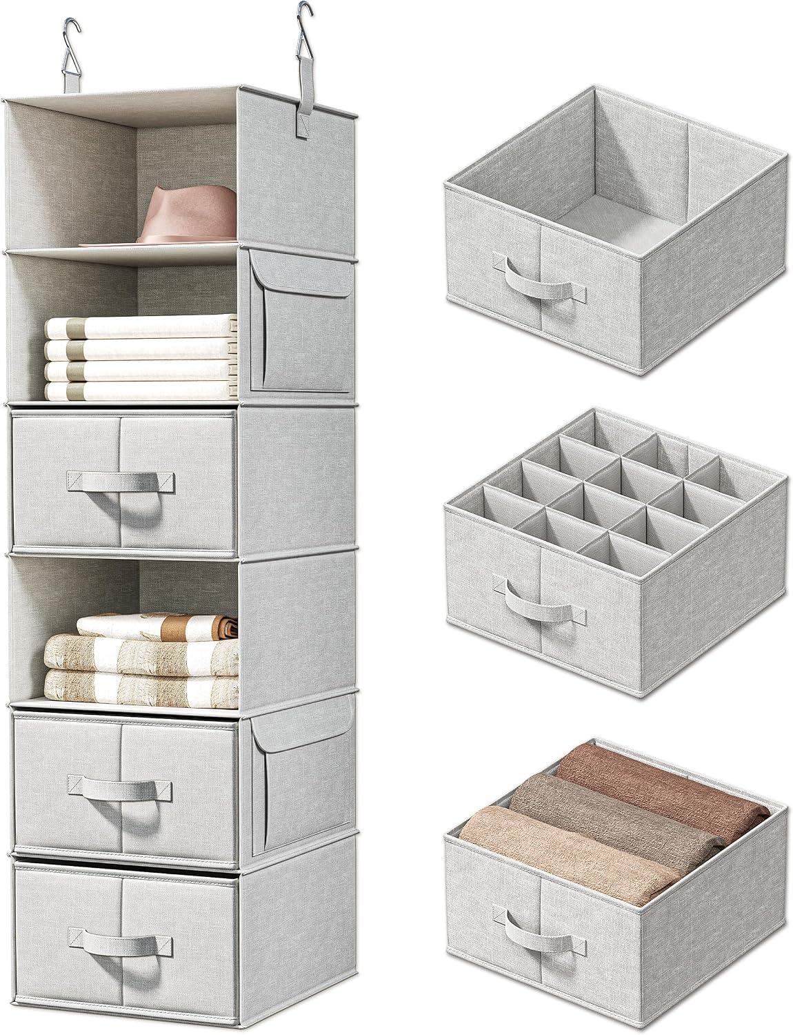 Vailando 6-Shelf Hanging Closet Organizer with 3 Drawers, 2 Separable 3-Shelf Closet Organizers and Storage for Wardrobe Organization, Hanging Dresser for Nursury & Dorm Clothes Organizer