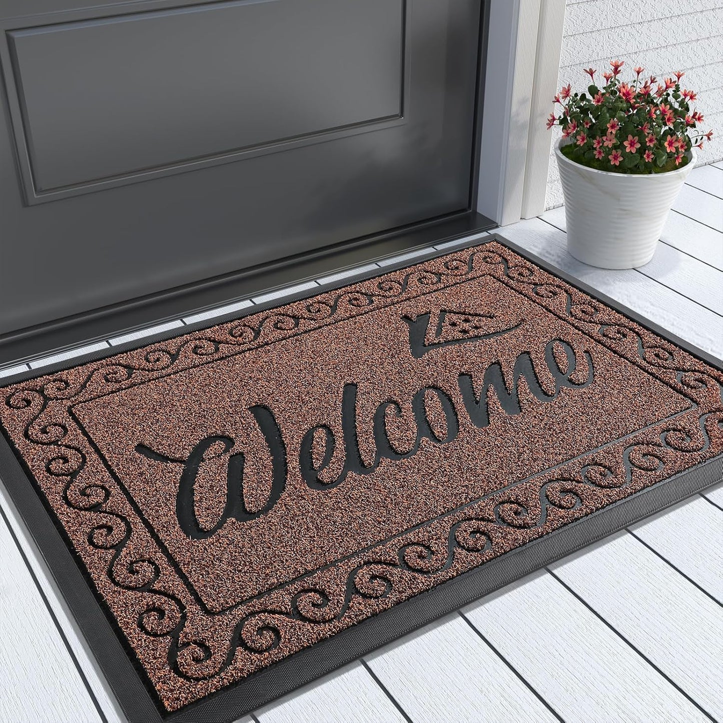Yimobra Welcome Mat, Heavy Duty Sturdy Door Mats for Home Entrance Outdoor Indoor, Front Doormat for Outside Patio Floor Entry Porch Garage Office, Waterproof, Low Profile, 29.5x17, Black Grey