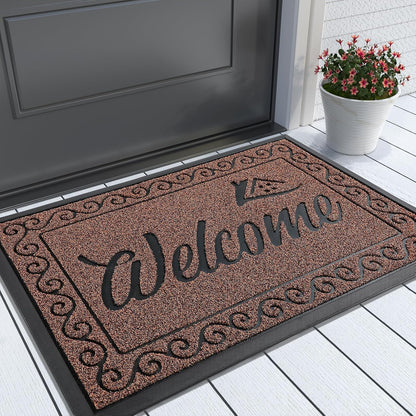 Yimobra Welcome Mat, Heavy Duty Sturdy Door Mats for Home Entrance Outdoor Indoor, Front Doormat for Outside Patio Floor Entry Porch Garage Office, Waterproof, Low Profile, 29.5x17, Black Grey